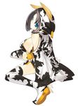  animal_ears animal_print blue_eyes breasts cow_print highres hood kneeling large_breasts original senmu short_hair sideboob solo tag thighhighs 