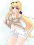  blonde_hair breasts carim_gracia casual cleavage frapowa long_hair lyrical_nanoha mahou_shoujo_lyrical_nanoha_strikers medium_breasts navel ponytail purple_eyes shorts smile solo sweater 