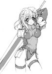  armor blush breasts final_fantasy final_fantasy_xi greyscale hume large_breasts miwa_yoshikazu monochrome solo sword weapon 