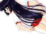  adjusting_buruma adjusting_clothes ass bangs black_eyes black_hair blunt_bangs blush buruma copyright_request from_behind fujimiya gym_uniform hime_cut long_hair looking_back solo 