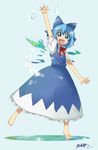  barefoot blue_eyes blue_hair cirno feet hands ice nada_haruka solo touhou waving 