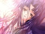  blood carnelian game_cg japanese_clothes kao_no_nai_tsuki long_hair priestess purple_hair solo yellow_eyes 