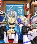  1girl ahoge bad_id bad_pixiv_id book eho_(icbm) fox_mask glasses head_wings highres horns kourindou map mask messy_room morichika_rinnosuke multicolored_hair nail_polish scroll silver_hair single_head_wing sweatdrop tokiko_(touhou) touhou wings yellow_eyes yukkuri_shiteitte_ne 