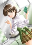  akizuki_ritsuko antenna_hair apron blush book braid brown_eyes brown_hair cooking dutch_angle glasses idolmaster idolmaster_(classic) idolmaster_1 kitchen looking_back non-web_source plaid plaid_skirt pot short_hair skirt sleeves_rolled_up smile solo stove twin_braids 