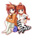  headphones lyrical_nanoha mahou_shoujo_lyrical_nanoha mahou_shoujo_lyrical_nanoha_a's multiple_girls orange_shirt shirt striped striped_legwear stuffed_animal stuffed_bunny stuffed_toy t-shirt takamachi_nanoha thighhighs vita 