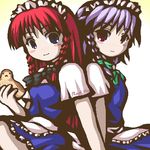  bird bird_on_hand blue_eyes blush cosplay fukaiton hairband hong_meiling izayoi_sakuya izayoi_sakuya_(cosplay) lowres maid multiple_girls oekaki red_eyes red_hair ribbon short_hair silver_hair touhou 