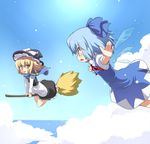  blonde_hair blue_eyes blue_hair broom broom_riding cirno cloud day eye_contact flying hat kirisame_marisa looking_at_another mamo_williams multiple_girls ocean outstretched_arms ribbon scarf short_hair sky spread_arms touhou wings witch witch_hat yellow_eyes 
