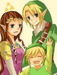  2boys artist_request blonde_hair blue_eyes brown_hair dual_persona elbow_gloves gloves hat link long_hair multiple_boys pointy_ears princess_zelda smile the_legend_of_zelda the_legend_of_zelda:_twilight_princess tiara triforce young_link 