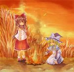  bad_id bad_pixiv_id blonde_hair braid brown_hair cold fire hakurei_reimu hat kirisame_marisa kneeling miya_(tsumazukanai) multiple_girls outdoors ribbon scarf smile touhou witch_hat yellow_eyes 