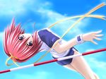  amane_sou arched_back buruma game_cg gym_uniform high_jump kisaragi_haruka pole purple_eyes red_hair sayorana_etranger short_hair solo track_and_field 