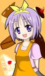  apron arms_behind_back cake dessert food gakusenya hair_ribbon hiiragi_tsukasa lucky_star pastry pie pudding purple_eyes purple_hair ribbon short_hair solo 