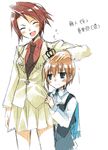  1girl blush closed_eyes cousins crown fang genderswap genderswap_(ftm) genderswap_(mtf) necktie red_hair short_hair skirt suzushiro_kurumi umineko_no_naku_koro_ni ushiromiya_battler ushiromiya_maria 