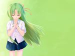  closed_eyes cowboy_shot green_hair hair_ribbon hands_clasped higurashi_no_naku_koro_ni kisaragi_miyu long_hair own_hands_together ribbon school_uniform skirt solo sonozaki_shion 