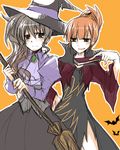  bat blush broom costume fan food_themed_hair_ornament hair_ornament halloween hat jack-o'-lantern multiple_girls orange_background pumpkin pumpkin_hair_ornament short_hair suzushiro_kurumi umineko_no_naku_koro_ni ushiromiya_eva ushiromiya_natsuhi vampire witch_hat 