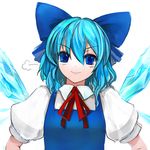  &gt;:) blue_dress blue_eyes blue_hair blush cirno dress face pupps short_hair smile solo touhou upper_body v-shaped_eyebrows wings 