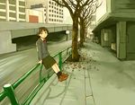  autumn bare_tree blazer brown_hair building city hair_ornament hairclip iwakura_lain jacket looking_at_viewer naotan outdoors peaceful plaid plaid_skirt railing road school_uniform serial_experiments_lain short_hair sitting skirt smile solo street tree 