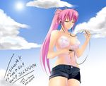  bikini_top closed_eyes digital_media_player earbuds earphones eyes_closed headphones long_hair lyrical_nanoha mahou_shoujo_lyrical_nanoha mp3_player pink_hair ponytail shorts signum 