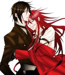  2boys black_hair bow formal glasses gloves grell_sutcliff hug kuroshitsuji long_hair male_focus multiple_boys necktie red_eyes red_hair redhead ribbon sebastian_michaelis shounen_ai tie white_background yaoi 