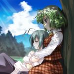  against_tree androgynous antennae ascot bad_id bad_pixiv_id blush dappled_sunlight green_eyes green_hair hug hug_from_behind kazami_yuuka light_rays multiple_girls nature peaceful plaid plaid_skirt plaid_vest profile red_eyes reverse_trap shade short_hair skirt skirt_set sunbeam sunlight touhou tree umekichi vest wriggle_nightbug yuri 