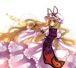  blonde_hair brown_eyes dress hat long_dress long_hair looking_back solo tabard touhou very_long_hair yakumo_yukari yutsuka_(amyucca) 