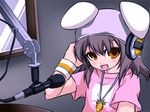  alternate_costume animal_ears brown_eyes bunny_ears commentary_request contemporary fang hat headphones inaba_tewi jewelry microphone microphone_stand necklace noya_makoto pendant radio_booth shirt solo studio_microphone t-shirt touhou wristband 
