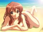  1girl asahina_mikuru beach brown_eyes brown_hair censored convenient_censoring nude sand solo sunlight suzumiya_haruhi_no_yuuutsu water y@mato 