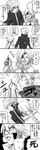  1girl ahoge blazblue blood cape comic eyepatch food greyscale highres menihanio monochrome nu-13 pocky ragna_the_bloodedge 