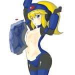  abs arms_up blonde_hair blue_eyes blush bodysuit cameltoe erect_nipples esan esan_(llamaesan) flat_chest helmet latex nipples ponytail rokko-chan rokko-chan_(character) simple_background solo thighhighs 