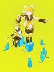  1boy 1girl ? amplifier animal animal_ears belt blonde_hair blue_eyes cat cat_ears cat_teaser closed_eyes detached_sleeves glider_(artist) green_background hair_ornament hairclip kagamine_len kagamine_rin leg_warmers neck_ribbon necktie ponytail ribbon sailor_collar short_hair shorts simple_background sitting standing_on_object sweatdrop tattoo vocaloid yellow_background 