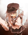  1girl admiral_(kantai_collection) blue_eyes crying crying_with_eyes_open hat hibiki_(kantai_collection) highres itsukia kantai_collection long_hair looking_at_viewer messy_hair pantyhose pleated_skirt school_uniform serafuku skirt sleeve_tug solo_focus tears 