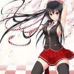  alternate_costume arm_behind_head black_hair black_legwear blush breasts checkered checkered_floor checkered_neckwear cherry_blossoms gmot hair_ribbon hakurei_reimu highres kneeling large_breasts long_hair necktie petals pleated_skirt red_eyes red_skirt ribbon sideboob skirt smile solo thighhighs touhou vest zettai_ryouiki 