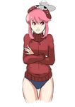  absurdres alternate_costume alternate_headwear bad_deviantart_id bad_id beret buruma cowboy_shot cropped_legs crossed_arms hat highres jacket jakuzure_nonon kill_la_kill pink_hair red_eyes red_seiryu short_hair sidelocks solo thigh_gap track_jacket 