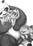  chubby duo feline female greyscale hug kung_fu_panda licking male mammal master_po master_tigress monochrome nude panda po tiger tongue tongue_out whiskers 