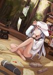  bare_legs barefoot blue_eyes blush cabinet cat doraragi forest hammer_and_sickle hat helm helmet hibiki_(kantai_collection) highres holographic_interface kantai_collection kirishima_(kantai_collection) leaf long_hair map maple_leaf nature no_pants open_mouth poster_(object) ship's_wheel silver_hair solo star tree verniy_(kantai_collection) 