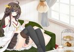  ahoge blue_eyes blush boots breasts brown_hair cleavage couch cup detached_sleeves hairband japanese_clothes kantai_collection kongou_(kantai_collection) long_hair looking_at_viewer medium_breasts nontraditional_miko panties pantyshot pantyshot_(sitting) plate sitting skirt smile solo teacup teapot thigh_boots thighhighs underwear utakata_(kochou_no_yume) white_panties 