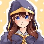  blue_eyes brown_hair cloak hood hooded_cloak league_of_legends looking_at_viewer nam_(valckiry) smile solo summoner_(league_of_legends) 