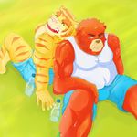  anthro bear biceps body_markings brown_fur brown_nose bulge chubby clothing duo eyes_closed fangs feline frown fur grin grizzly_bear juuichi juuichi_mikazuki male mammal markings morenatsu muscles open_mouth overweight pecs pink_nose pose rei-zuka shirt shorts sitting smile stripes sweat tank_top teeth tiger tongue topless torahiko_ooshima yellow_fur 