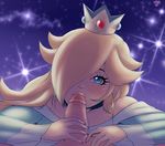  1girl bare_shoulders blonde_hair blue_eyes clothed_female_nude_male crown dress eyelashes fellatio hair_over_one_eye hetero lips long_hair looking_at_viewer mario_(series) nail_polish nude oral penis pov randomboobguy rosetta_(mario) solo_focus sparkling_eyes super_mario_bros. super_mario_galaxy uncensored 