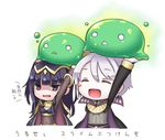  1girl :d ^_^ allujah black_hair blush_stickers bodysuit cape chibi closed_eyes fire_emblem fire_emblem:_kakusei gameplay_mechanics henry_(fire_emblem) long_hair open_mouth shaded_face slime smile tharja translated white_hair 