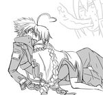  2boys ahoge blazblue blush bodysuit cape greyscale heart_ahoge jin_kisaragi kiss lowres menihanio monochrome multiple_boys nu-13 ragna_the_bloodedge 