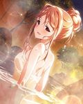  :d artist_request back blush brown_eyes brown_hair card hair_bun heart idolmaster idolmaster_million_live! lens_flare looking_at_viewer looking_back naked_towel official_art onsen open_mouth smile tenkuubashi_tomoka towel wet yellow_towel 