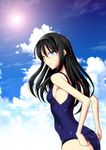  black_hair blue_eyes breasts day hairband long_hair looking_at_viewer mako_(atomic_goddess) one-piece_swimsuit outdoors school_swimsuit sideboob sky small_breasts solo swimsuit toono_akiha tsukihime 
