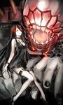  battleship_hime black_dress black_hair breasts demon_girl dress glowing glowing_eyes horns kantai_collection long_hair looking_at_viewer medium_breasts multiple_girls oni_horns pale_skin red_eyes shinkaisei-kan short_dress uraki_(tetsu420) 