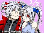  1girl ahoge alternate_hairstyle blazblue bodysuit eyepatch haruyoshi heterochromia nu-13 ragna_the_bloodedge red_eyes silver_hair tied_hair twintails 