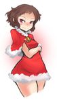  arceonn bare_legs bell blush breasts brown_hair capelet christmas cowboy_shot cropped_legs fur_trim hyouka ibara_mayaka red_eyes red_skirt short_hair skirt small_breasts solo 