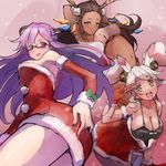  3girls :d antlers blush breasts brown_hair christmas cleavage dark_skin detached_sleeves dress fantasista_doll glasses gloves green_eyes hair_ornament hand_on_ass highres large_breasts long_hair madeleine_(fantasista_doll) mazon multiple_girls navel nyama open_mouth ponpon_(fantasista_doll) purple_eyes purple_hair red_gloves reindeer_antlers santa_costume silver_hair sketch smile v yellow_eyes 