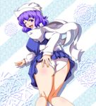  1girl artist_request ass ass_grab blush breasts deep_skin from_behind hat knee_pit kneepits letty_whiterock looking_at_viewer open_mouth panties pantyshot puffy_sleeves purple_eyes purple_hair scarf short_hair sideboob skirt smile touhou underwear upskirt wink 