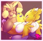  areola big_breasts blue_eyes breasts canine chizbizz crossover digimon female fox fur gloves lesbian lopunny mammal nintendo nipples nude pok&#233;mon pok&eacute;mon pussy red_eyes renamon tongue tongue_out tribadism video_games white_fur wide_hips yellow_fur 