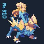  :d blonde_hair blush boots creature floating_hair gen_3_pokemon kuromiya long_hair manectric moemon monster number open_mouth personification pokemon pokemon_(creature) pokemon_number smile solo spread_legs straddling thigh_boots thighhighs 