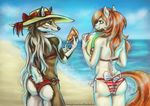  back_turned beach bikini bow brown_fur butt canine duo equine female fur green_eyes hair hat holiday horse long_hair looking_at_viewer looking_back mammal naira pony sea seaside smile standing swimsuit tail_button_bottoms tail_clothing water whiskers wolf yellow_eyes 